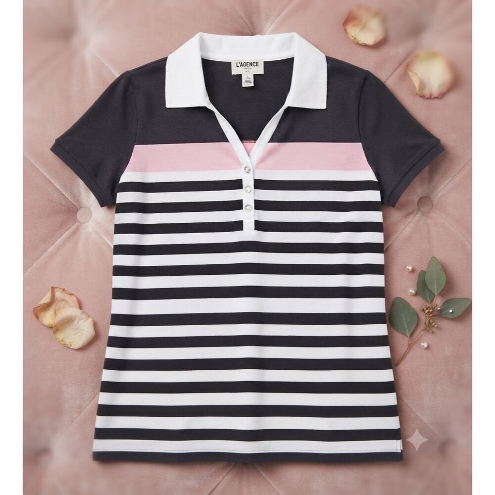 Lauren Ralph Lauren Women M Colorblock Stripe Polo Pink Black White Prep Coastal